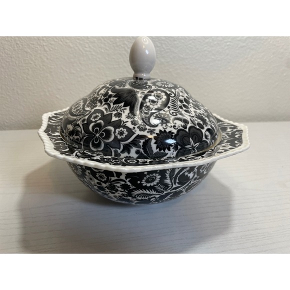 Vintage Black White Floral Black Calico Covered Dish Bowl Trinket Dish - Picture 8 of 8